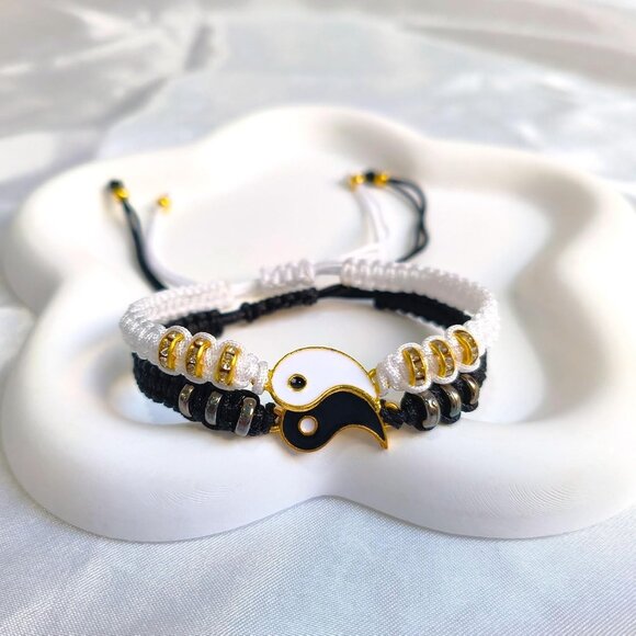 Yin Yang Couple Bracelets, 2 Matching Adjustable Cord Bracelets Long Distance... - Picture 5 of 6